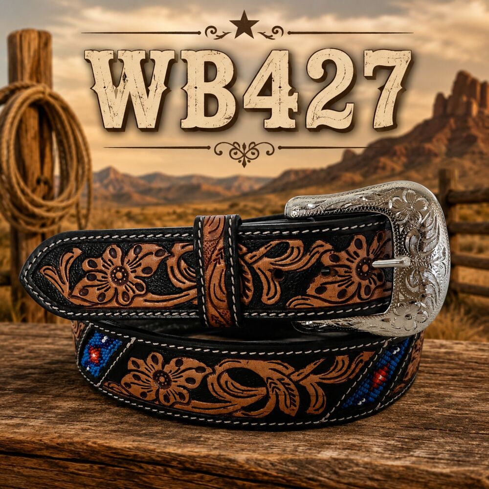 Ranger Belt Co WB427 Western Leather Belt Beaded Inlay Floral Tooled Unisex New